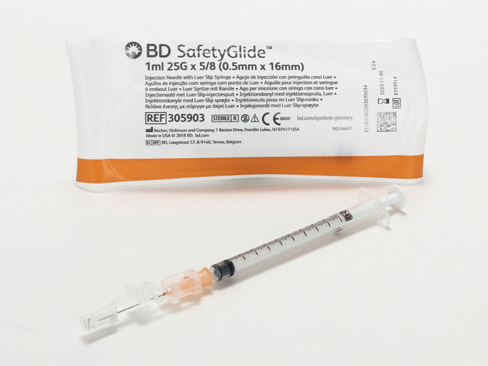 BD SAFETYGLIDE™ NEEDLES & SYRINGES Syringe, 3mL, 25G x 1 Regular Bevel  Needle, 50/bx, 400/cs